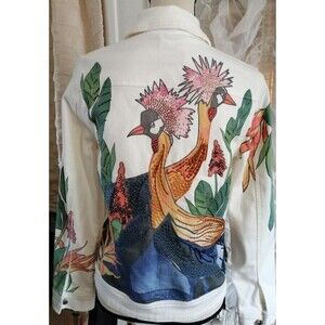 Chico's Tropical Embellished Denim Jacket Women's Size 0 S White